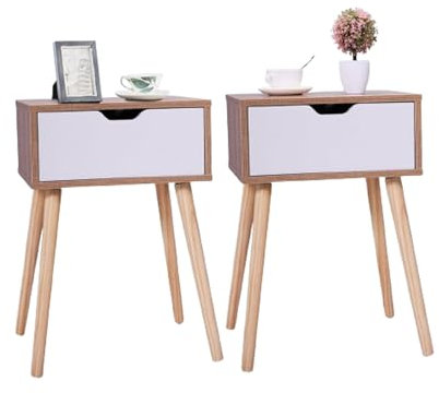 LaYaQbin Nachttisch Beistelltisch 2er-Set, Moderner Nachttisch mit Schubladen und Beinen aus Massivholz, Nachttisch für Schlafzimmer, Weiß