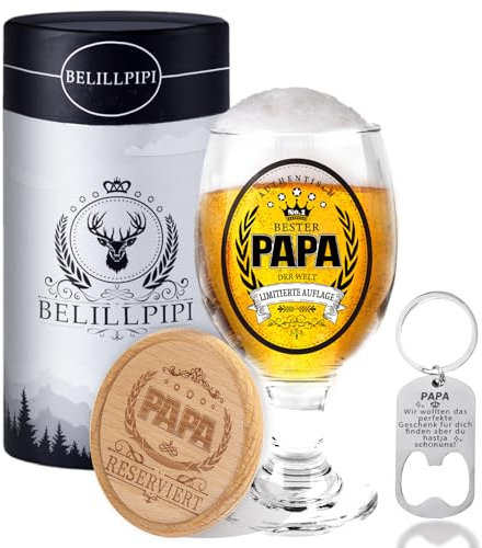 Belillpipi Vatertagsgeschenk für Papa, Bierglas Mit Gravur Bester Papa, Weihnachten Geburtstagsgeschenk für Väter, Geschenk mit Untersetzer, Flaschenöffner