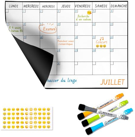 SB Calendrier Mensuel Magnétique Pour Frigo A3 42X30CM + 4 Marqueurs Premium + 55 Stikers Aléatoires | Tableau Magnetique Frigo pour le planning familial mensuel 100% modifiable.