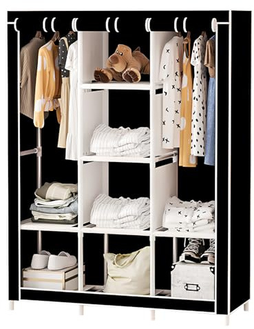 LONENESSL Kleiderschrank aus Segeltuch, tragbarer Stoffschrank mit 2 Aufhängeschienen und 6 Aufbewahrungsfächern, faltbarer schwarzer Stoffschrank (128 x 45 x 170 cm)