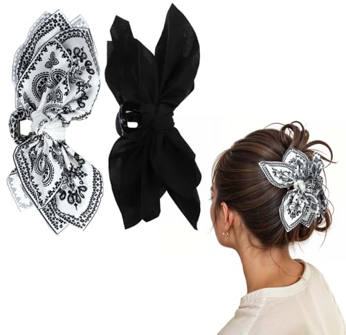 AOZUO 2PCS Big Bow Claw Clips, Black White Flower Claw Clips Nonslip Large Hair Clips Hair Accessories for Thick Hair for Women Girls