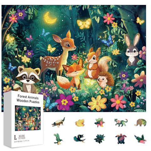 GLOBLELAND Holzpuzzle Erwachsene 300 Teile Holzpuzzles Nachtblumenwald Wooden Puzzle Unregelmäßige Einzigartige Puzzle für Erwachsene Kreatives Weihnachten Geschenke 11.22x15.16 Zoll