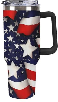 Isolierter Becher mit Griff, amerikanische Flagge, Sterne, Streifen, bedruckt, auslaufsicher, Wasserflasche, Kaffeetasse, Autotasse, für Fitnessstudio, Outdoor, Pendeln, Arbeit, Schwarz, 1,2 l