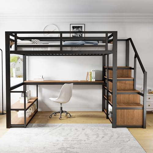 Cama Alta de Metal Kebnor de 140 x 200 cm con Escalera de Almacenamiento, Estantes y Mesa, Diseño de Valla de Seguridad, Negro
