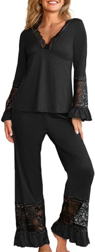 crazy bean Pigiama Donna Manica Lunga e Pantaloni in Pizzo Maglietta Scollo a V Maniche Lunghe con Volant Due Pezzi Leggero Elegante per Primavera Autunno Nero XL