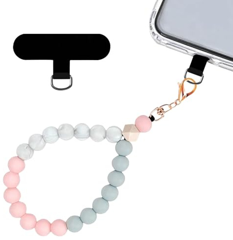 Mezrkuwr Silikonperlen-Handgelenkschlaufe, Handy-Lanyard mit Handy Lanyard Pads, elastisches Freihand-Armband, handy kette, handy strap, für die Meisten Smartphones, Rosa