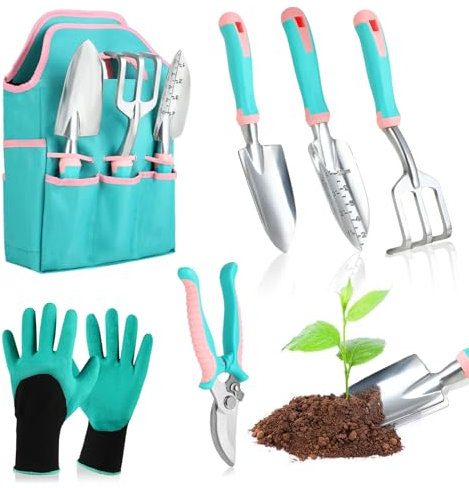 6 Stück Pflanzen Gartenwerkzeug Set - Edelstahl Gartenschere Set - Pikierstab mit Aufbewahrungstasche - Ergonomische rutschfeste Griffe - Gartengeschenke für Frauen & Männer