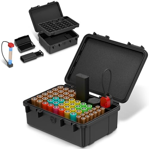 Battery Organizer Storage Case with Small Battery Tester,IP68 Waterproof Hard Batteries Holder Container Box for 40 AA & 12 AAA & 12 CR2032 CR2025 Lithium Coin & 18 LR44/2 D Size Household Batteries