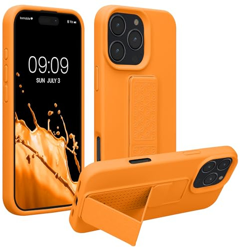 kwmobile Fodral till Apple iPhone 16 Pro Max skal – mjukt TPU-skydd med silikonbeläggning – med handrem och stativfunktion – stöttåligt – fruktig orange