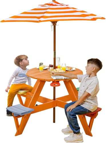 BRINJOY Kindersitzgruppe, Kinder Picknicktisch mit Bänke, Kissen & Sonnenschirm höhenverstellbarem, Kindersitzgarnitur aus Holz, Sitzgarnitur, Sitzgruppe Outdoor, Kinder gartenmöbel (Orange)
