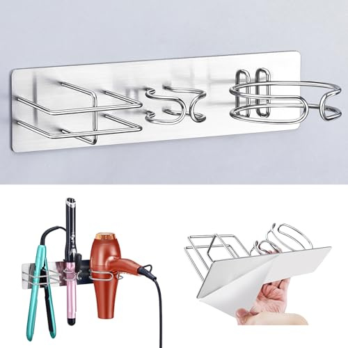 YYBO Hair Dryer and Straightener Holder Wall Mount Hair Dryer Holders, 3 in 1 Bathroom Hair Tool Organiser for Curling Iron, Straightener Hairdryer Holder Adhesive (Silver)