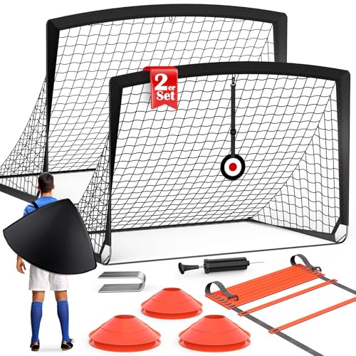 2er-Set Faltbares Fußballtor mit 6 Hütchen, Koordinationsleiter, 2 Zielscheibe, Ballpumpe, Fussball Geschenke Spielzeug Jungen 3-15 Jahre, Fussballtor Trainingsset für Garten Outdoor Kinder Erwachsene