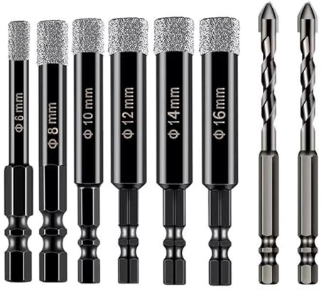 8Pcs Diamond Drill Bit Set, 6/8/10/12/14/16mm Porcelain Tile Dri-ll Bit, Diamond Drill Bits and 2pcs 6mm Hex Shank D-rill Bit, Ideal for Glass, Tiles, Porcelain, Granite, Marble, Hard Materials