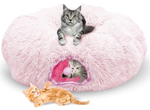 dellyy Katzentunnel Rund Plüsch, Katzentunnel Große Katzen XXL Katzen mit Abnehmbarer Matte und Schüttelbällen, Regenbogenfarben