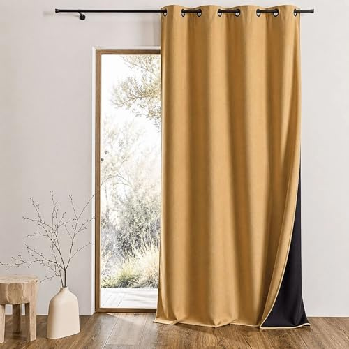 Home Maison QABANE - Rideau Thermique Phonique KONFOR - Flanelle Polyester - Occultant Isolant Froid et Bruit - Chambre Salon Bureau - 8 Oeillets - 140 x 300 cm - Jaune Ocre