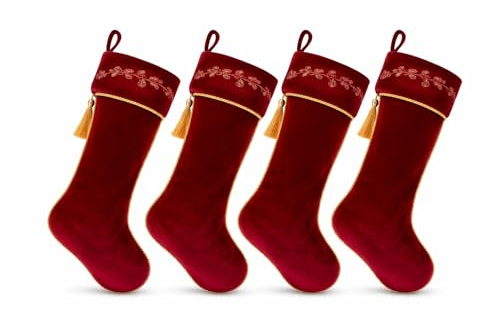 Kinlop 4 Stück 45,7 cm große rote Weihnachtsstrümpfe, Stechpalme, bestickt, Samt, Weihnachtsstrumpf, hängende dekorative Strümpfe, für Weihnachten, Familie, Kamin, Urlaub, Party-Dekorationen (Weinrot)