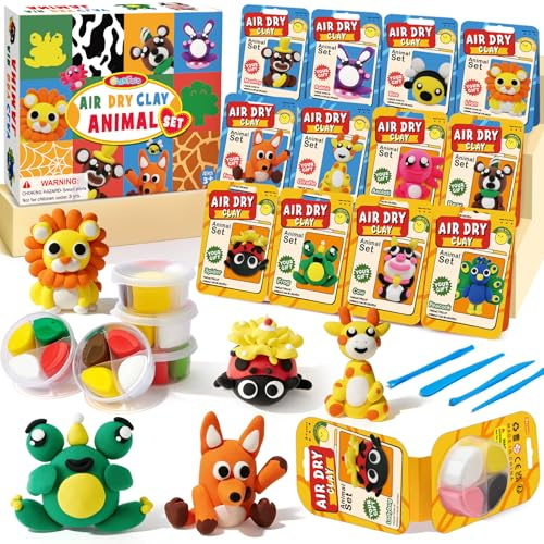 Modelliermasse Lufttrocknend, 12PCS Kinderknete Knete Lufttrocknend für Kinder Bastelset Tier DIY Ton zum Basteln mit Werkzeug Anleitung, Air Dry Clay Set Geburtstag Geschenk Jungen Mädchen ab 3 Jahre