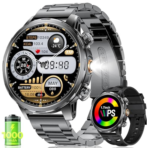 BENYAR SMART Montre Connectée Homme avec Appel Bluetooth 1000mAh, 1,7 HD Écran/LED Lampe/100+ Modes Sportifs, Surveillance Fréquence Cardiaque/SpO2/Sommeil IP68 Étanche Compatible Android iOS
