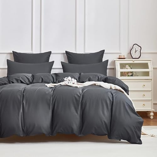 Gezu Funda de Edredón de Satén de Algodón 220x240cm Gris Antracita 100% Algodón Juego de Cama 220x240 Adulto Algodón Natural con Hilos Largos Ropa de Cama con Cremallera con 2 Fundas de Almohada 65x65
