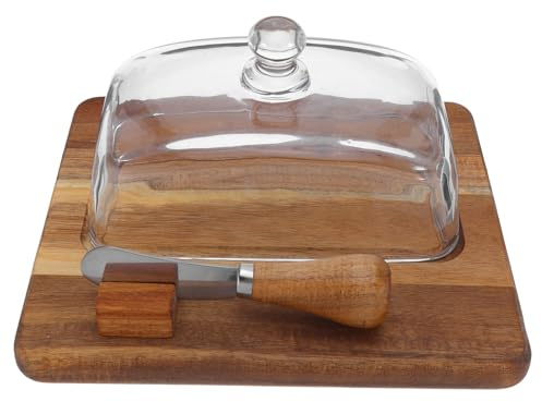 NUOBESTY Mantequera de Madera con Tapa de Cristal Y Cúter. Mantequera Transparente para Encimera, Ideal para Fiestas Y Decoración Rústica.