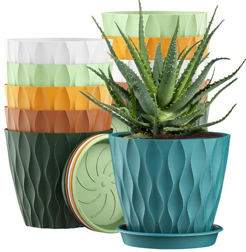 Gobesty 10CM Plant Pots, 12 Pack Plastic Flower Pots with Drainage Holes and Saucer, Wave Pattern Garden Plant Pots, Modern Decorative Small Planter Pot for Succulent and All House Plants (Colorful)