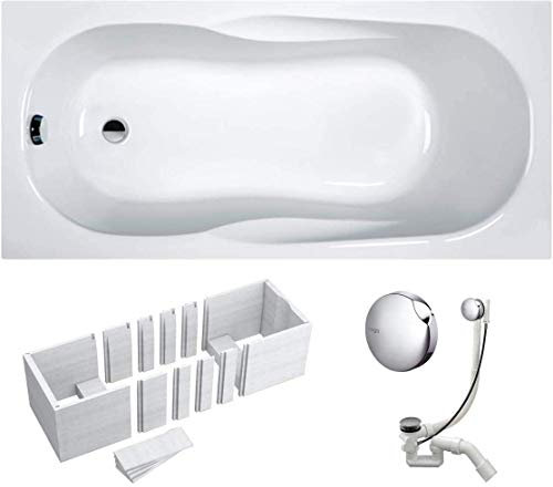 VBChome Badewanne 170x70x41 cm Acryl SET Rechteckwanne, Styroporträger, Siphon, Ablaufgarnitur Chrom, Modernes Design Weiß Robustes Material Antibakterielle Oberfläche, Einfache Montage, Wärmedämmung