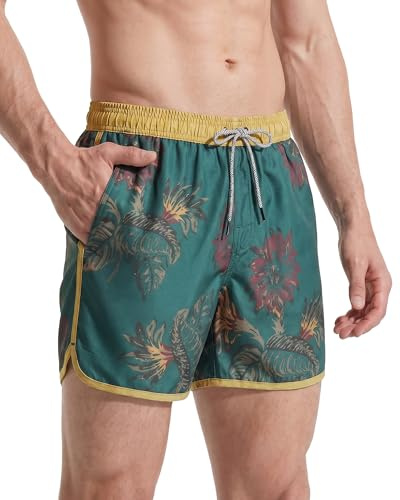 maamgic Costume Uomo Mare Corto Vintage Asciugatura Rapida Costume da Bagno Idrorepellente Pantaloncini Corto Swim Trunks con Fodera Rete e 3 Tasche Verde & Amarillo L