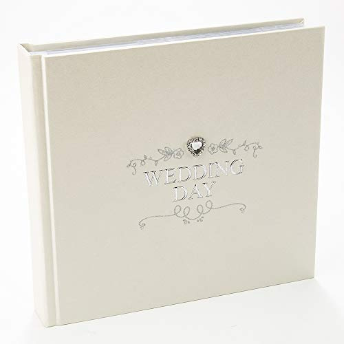 Happy Homewares Ivory Wedding Day Photo Album in Silver Plated Text and Diamante Heart Jewel with Beautiful Floral Decoration - Ideal Wedding Gift