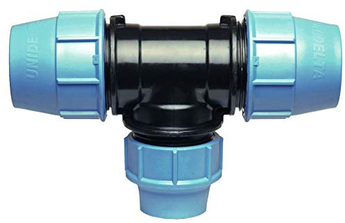 Connecteur en PP pour tuyau d'eau en T avec trois sorties femelles (2x32 1x25 mm) | Connecteur de serrage pour tuyaux en PE | Raccord en PP ½ pouce |