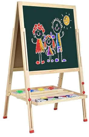 Dripex Tableau Enfant Double Face, Chevalet Enfant en Bois Réglable en Hauteur Tableau Noir et Tableau Blanc avec Craie Aimants Cadeau de Jouet Educatif Créatif pour Garçon Fille de 3+ Ans 49 x 49CM