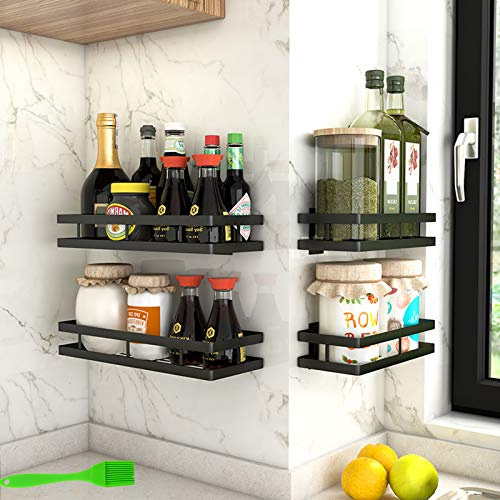 PIGPIGFLY Especiero con 4 ganchos, Especiero pared, Almacenamiento cocina y despensa, Estanterías especias Acero Inoxidable, Organizador cocina (25cm)