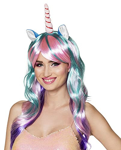 NEU Perücke Einhorn Tagtraum mit Horn und Ohren, pink-bunt