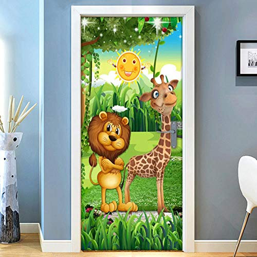 YQLKD Wandbild Türtapete 3D Wald Cartoon Tier Löwe Giraffe Wandbild Tapete Selbstklebend