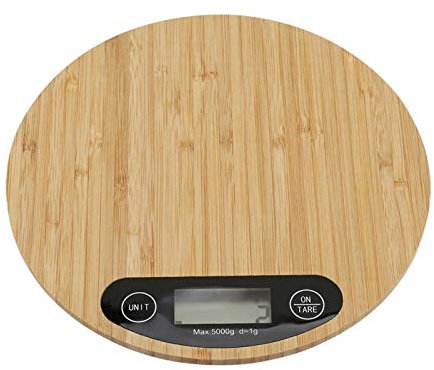 Bilancia da cucina, display a LED in bambù di forma rotonda Bilancia elettrica da cucina Aiutante per cucinare cibo con unità di pesatura multiple 5 kg/1 g