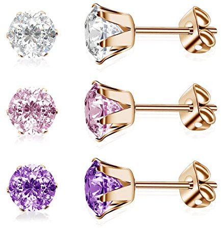 3 Paar Ohrstecker aus Titan medizinischem Stahl und AAAA+ Cubic Zirkonia für Damen hypoallergen Gold/Rosegold/Silber/Schwarz Geschenk für Mädchen
