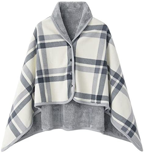 WINKEEY Women Multiway Plaid Poncho Shawl Wrap Fleeced Wearable Blanket Ultra Soft Sherpa Flannel Cape, Gray