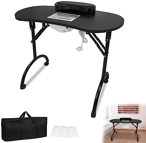 YRHome Table de manucure pliable avec aspiration, 98 x 44 x 77 cm, table de manucure avec sac à poussière, portable, sac de transport avec roulettes, 13 kg, noire