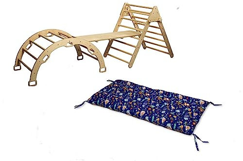 Montessori Kletterset | Kletterdreieck Kletterbogen & Leiter Rampe | Kletterbogen mit Kissen | Holz Kletterset mit Kissen | Klettergerüst Set mit Rampe und Kissen (Jungle)