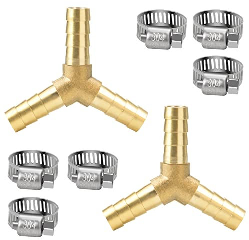 profiwoab 2PCS Ottone Tubo Flessibile 8mm Connettore Tubi a 3 Vie Y Raccordi di Tubi Connettore Spinato Con 6 Morsetti per Tubi per Aria Compressa, Gas, Carburante