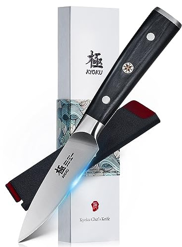 KYOKU 3.5 Paring Knife, Samurai Series Peeling Knife with Pakkawood Handle, Japanese Style High Carbon Steel Sharp knife, Full Tang Small Knife for Fruit Peeling & Slicing with Sheath and Case