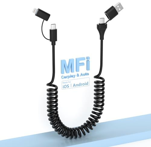 4-in-1 USB C und Lightning Kabel Spiralkabel,Apple CarPlay und Android Auto [MFi-zertifiziert] 60W Schnellladung und Datensynchronisierung,Kurz USB C Multi-Ladekabel für iPhone/Samsung/iPad/Laptop