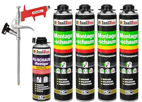 Isolbau Bauschaum-Set - Inkl. 4 x 1K Montageschaum B2 Pistolenschaum mit hervorragender Schall und Wärmedämmung (je 750 ml), 1 x PU-Schaum-Reiniger (500 ml) & 1 x Schaumpistole, Verfüllen