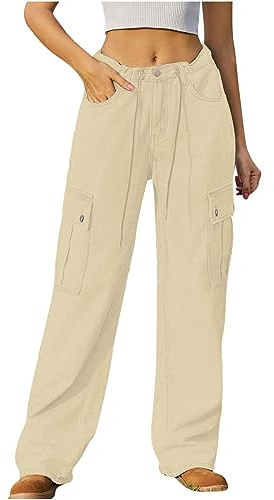 Cargo Jeans for Women Low Rise Drawstring Bootcut Jeans Pants Relax Fit Wide Leg Trousers Multi-Pocket Straight Jeans