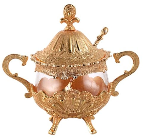 Azucarero Retro con Tapa, Azucarero con Tapa y Cuchara, Tarro de Especias de Vidrio con Relieve de Metal, Porta Dulces, Cuenco Decorativo de Metal - Cerámica Dorada (Vidrio Dorado)