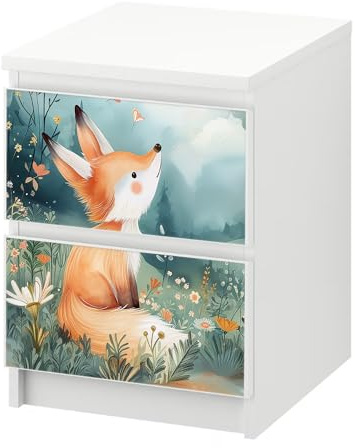 Möbelfolie Fuchs Wiese passend für Ikea Malm Kommode S 2 Schubladen Deko | Selbstklebende Schrankfolie für glatte Schubladenfronten Klebefolie Kinderzimmer Schlafzimmer DIY Upcycling S 2 Schubladen
