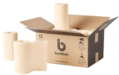 Bumboo |100% Bamboo Unbleached Kitchen Rolls | Pack of 12 Rolls (2-Ply) | Multipurpose, Plastic-Free, Eco-Friendly, Super Absorbent, Strong & Sustainable