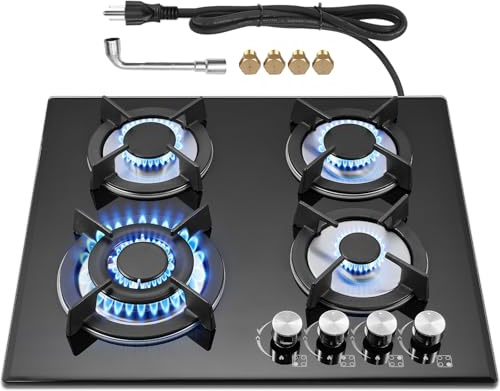 GRACEALL 4 Burner Gas Stove Cooktop 24in, Glass Top Built-in Gas Burner Hob, NG/LPG Compatible or use with Propane or Neutral Gas, 4 Burners - G02