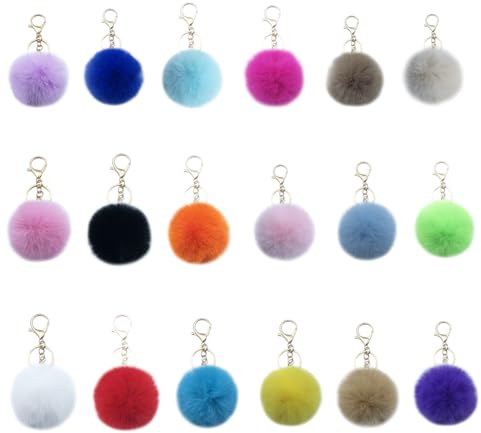 Xsclpomddy 18 Stück Pom Pom Schlüsselbund künstliche weiche Kaninchenhaar Taschenanhänger Ball Schlüsselanhänger für Handtasche Auto Anhänger Dekoration