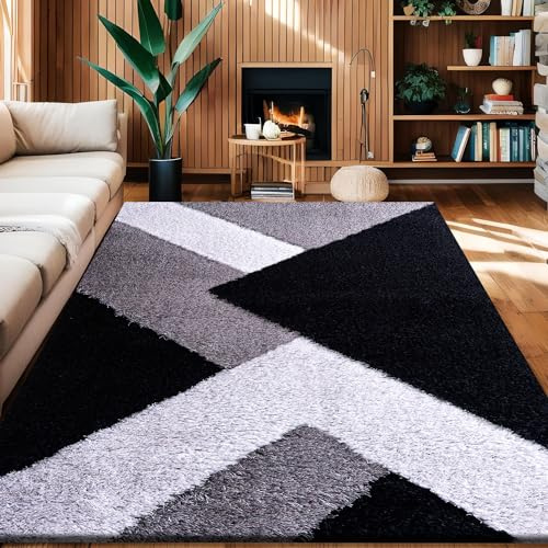 Rugs Inn Nova Doormat - Shaggy Soft Pile Indoor Mat, Warm and Dense Thick, Non-Shed Heavy Weight Modern Floor Mat for Kitchen, Hall, Bedroom, and Living Room (Black Grey Silver, 60x110 cm)