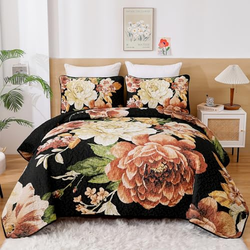 WONGS BEDDING Black Boho Floral Quilt Set King, 3 Pieces Elegant Gold Flower Bedspread Coverlet Set for All Season with 2 Pillow Shams, Farmhouse Lightweight Reversible Bedding Set 104X90